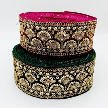 Sequinned Floral Embroidered Velvet Trim Indian Sari Border, Sequin Trimming, Sequins Lace
